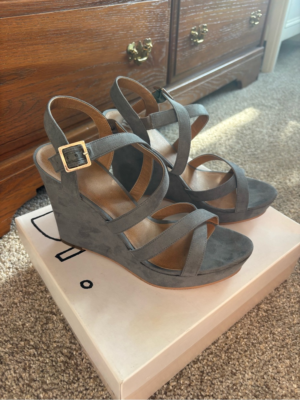 Strappy Gray Suede Wedge Sandals - Women's